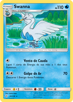 Mundo Pokémon - 581- Swanna. Tipo: água/voador. Evolução: Estágio Final.  Histórico: Swannas começam a dançar ao anoitecer. Aquele que dança no meio  é o líder do rebanho. Seu pescoço articulado permite que