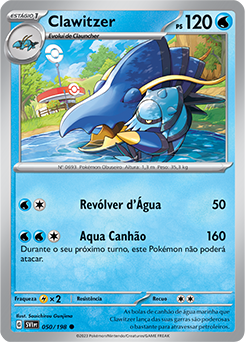 Mundo Pokémon - 693- Clawitzer. Tipo: água. Evolução: Estágio Final.  Histórico: Suas enormes garras lançar balas de canhão de água poderosos o  suficiente para perfurar cascos de petroleiros. Expelindo água pelo bico