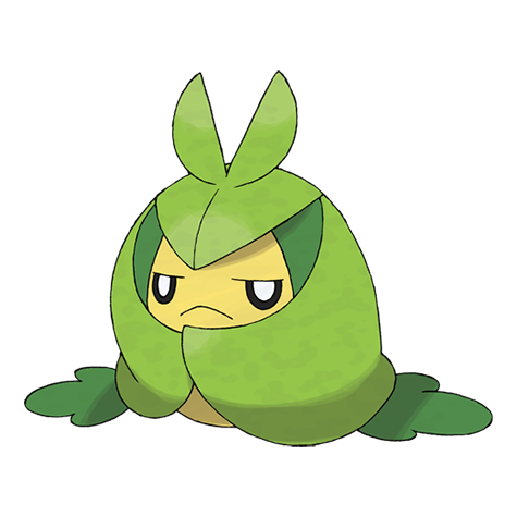 Um personagem pokémon com folhas verdes e fundo preto.