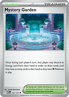 The Mystery Garden card from the Mega Evolution set. Its effect is Once during each player’s turn, that player may discard an Energy card from their hand in order to draw cards until they have as many cards in their hand as they have Psychic Pokémon in play.